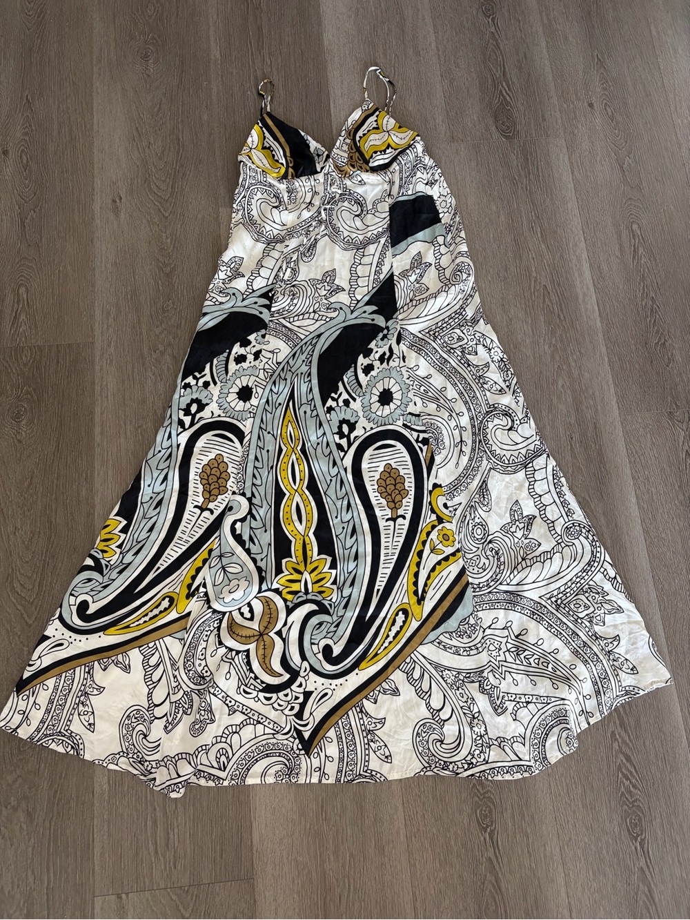 100% silk babydoll White Paisley Maxi Slip Dress with Yellow & Black Accents